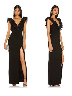 REVOLVE x LIKELY Kelayan Crepe Gown, Structured Ruffles Slit Black, NWT, Size 8